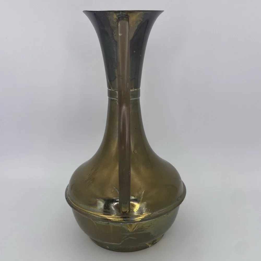 Vintage MCM  Brass Water Pitcher Vase Decanter With Curved Handle 9.5